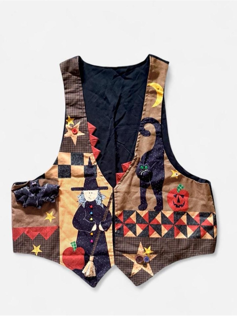 Vintage 3D Halloween Patchwork Witch Broom & Black Cat Pumpkin Vest L/XL 🎃🐈⬛